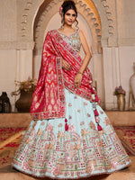 teal tissue lehenga choli with sequins embroidery for wedding