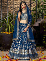 blue traditional bridal lehenga with elegant sequins work