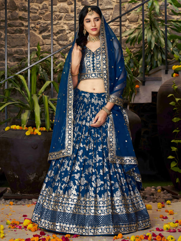 Blue Dola Silk Jacquard Sequins Lehenga Choli