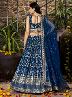 blue engagement lehenga choli with silk jacquard fabric