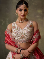 pink embroidered tissue bridal lehenga with dupatta