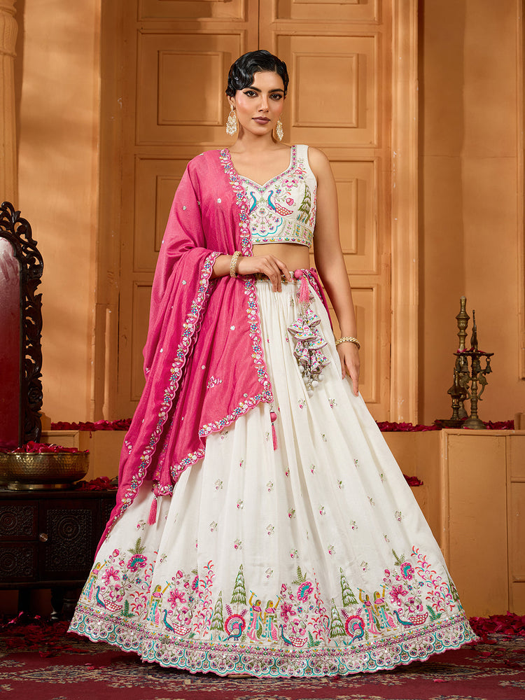 cream silk fabric sequins embroidered semi stitched lehenga with dupatta