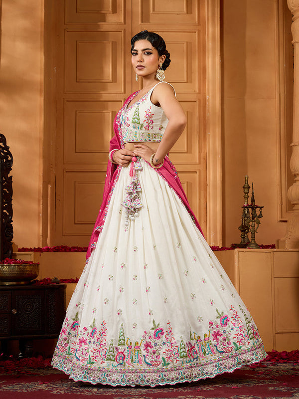Cream Sequins Embroidered Wedding Lehenga for Women