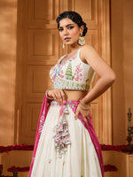 cream semi stitched lehenga choli with designer dupatta