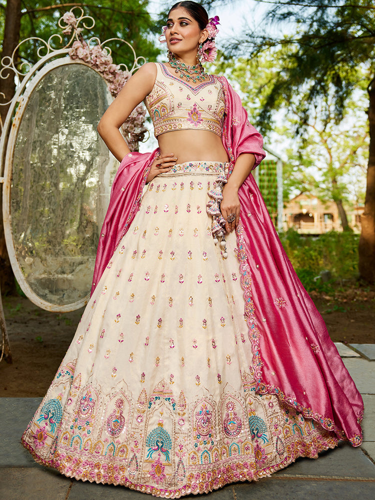 cream tissue sequins embroidered semi stitched lehenga choli with dupatta