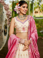 cream ethnic tissue lehenga for bridal and festive wear