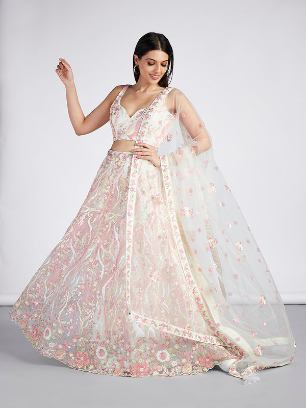 Cream Net Wedding Lehenga Choli