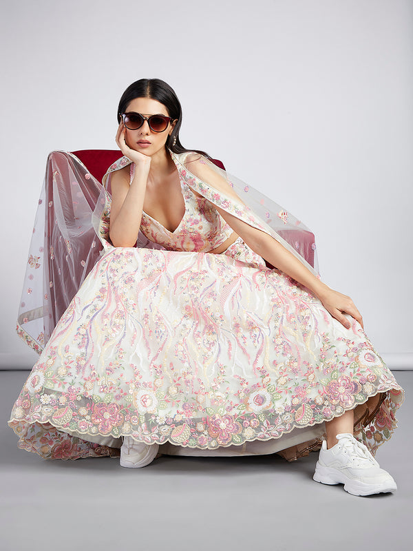 Cream Net Wedding Lehenga Choli