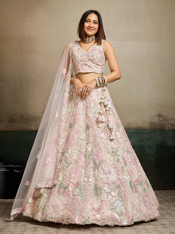 Cream Sequins Embroidered Lehenga Choli