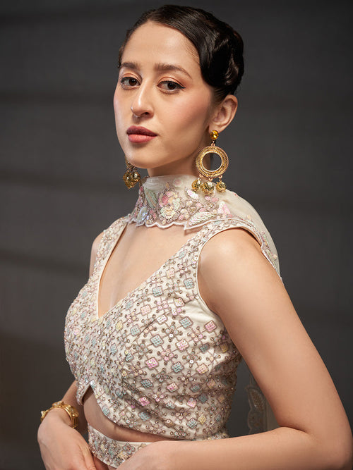 indian bridal cream lehenga choli with sequence work