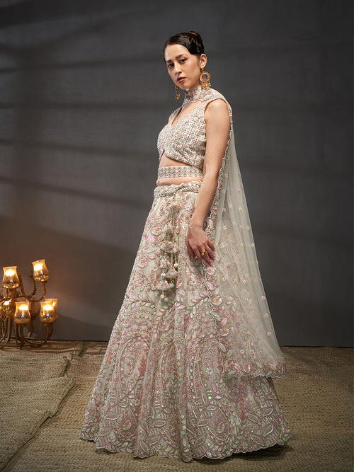 indian bridal cream lehenga choli with sequence work