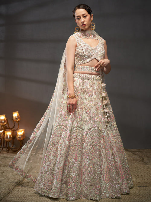 indian bridal cream lehenga choli with sequence work