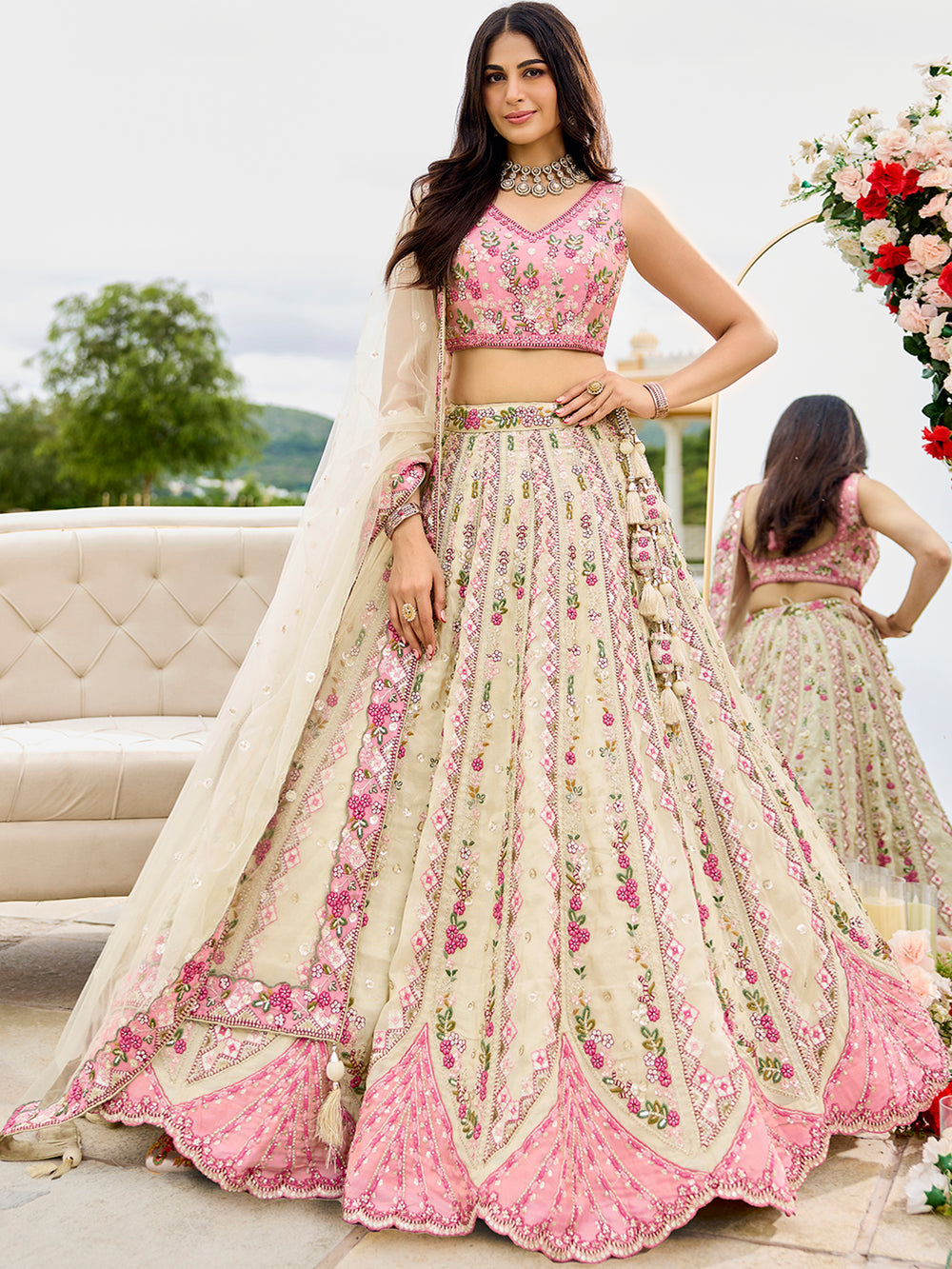 semi stitched tissue silk lehenga with blouse