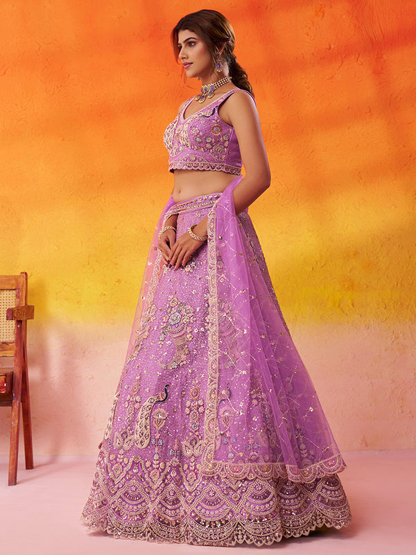Mauve embroidered net lehenga choli for women with heavy embroidery work, designer Indian bridal wedding lehenga with dupatta