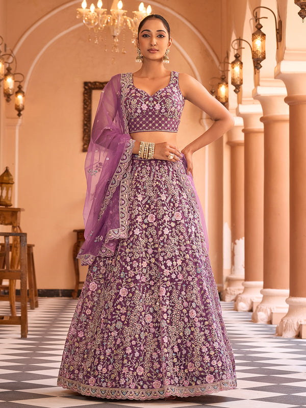 Burgundy net embroidered lehenga choli for women with heavy embroidery, designer Indian wedding bridal lehenga outfit