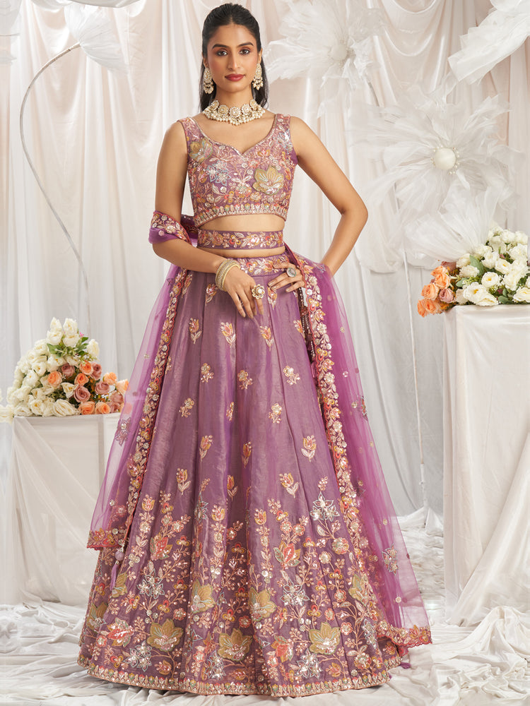 lavender semi stitched organza lehenga choli for wedding