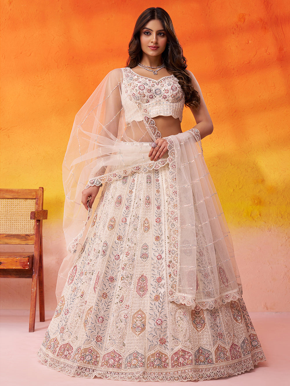 cream bridal lehenga choli with elegant embroidery