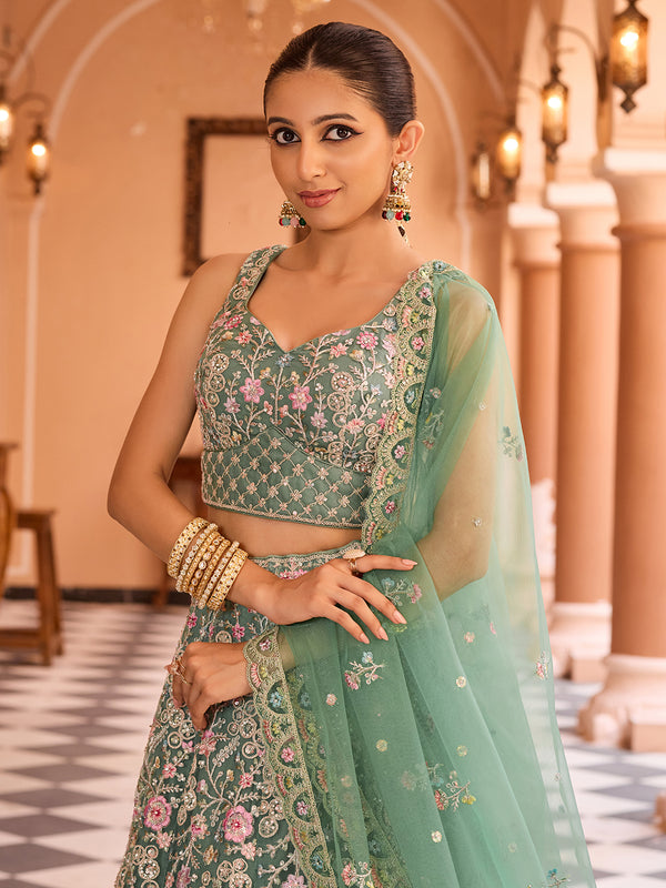 Lime green net embroidered lehenga choli for women with designer embroidery work, Indian wedding and festive wear outfit