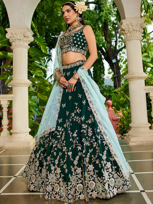 Emerald Green Organza Lehenga Choli