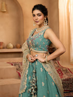 green georgette fabric lehenga with heavy embroidery