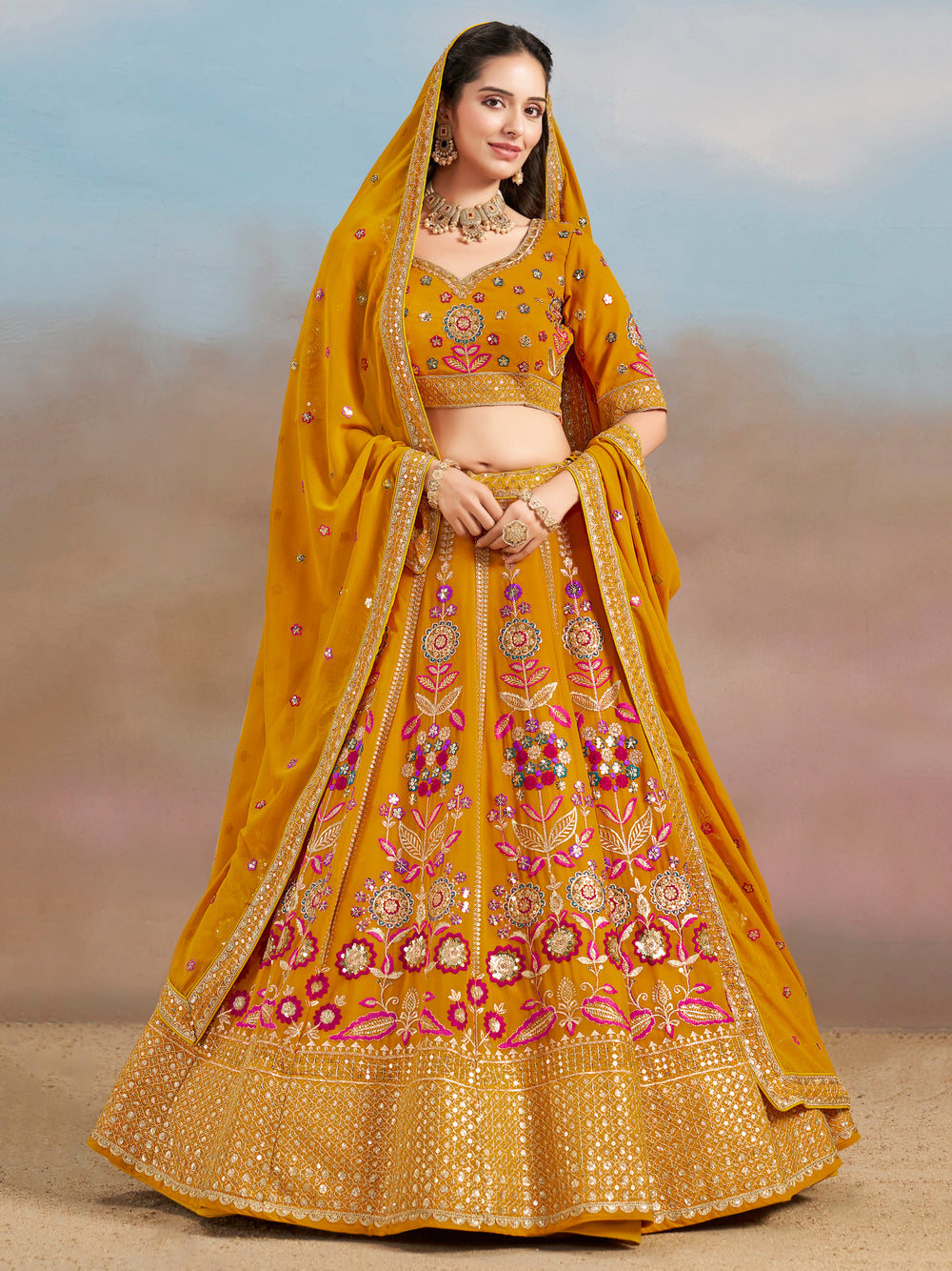 Yellow Georgette Bridesmaid Designer Lehenga Choli