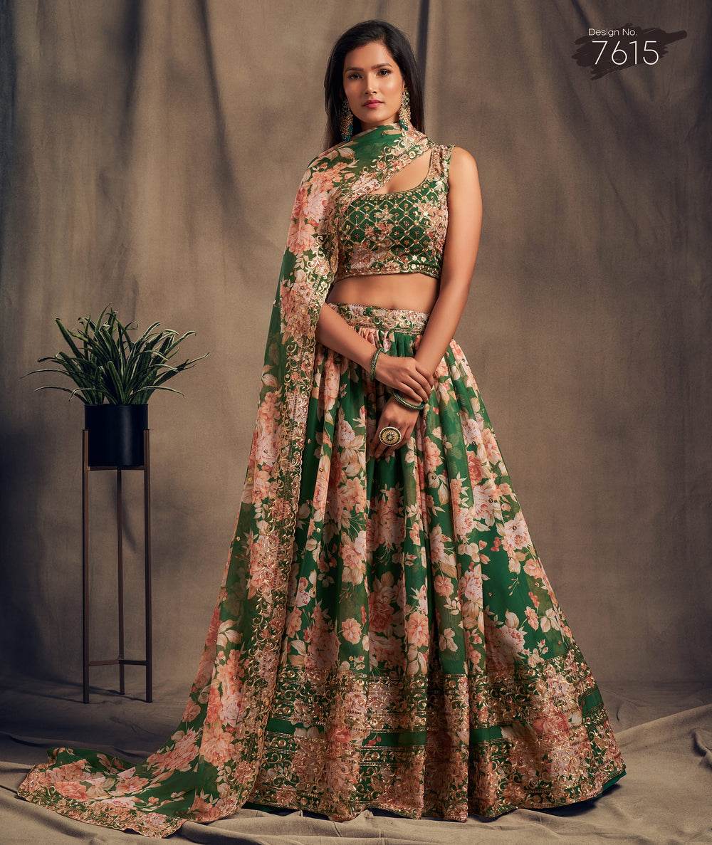 green floral organza lehenga for wedding and reception