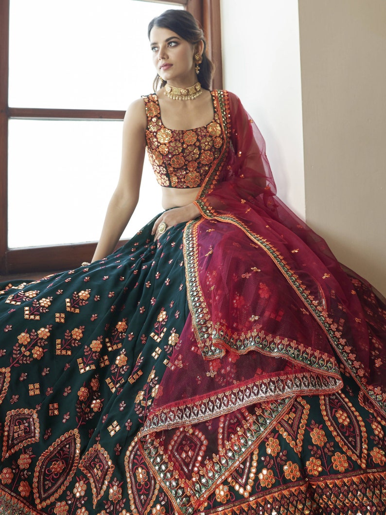 Green Georgette Indian Wedding Lehenga Choli Set