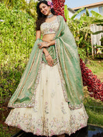designer green tissue fabric lehenga for bridal and festive wear
