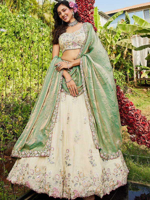 Green Tissue Embroidered Lehenga Choli