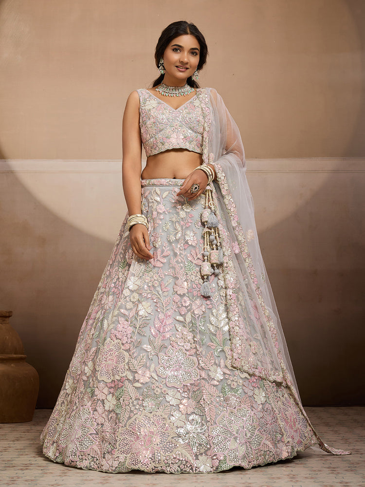 grey traditional embroidered lehenga choli for bridal and party wear