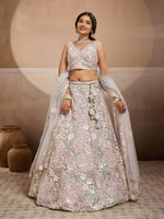 grey bridal wear net lehenga with elegant embroidery