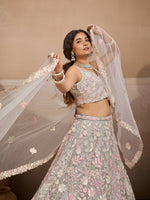 grey engagement lehenga with embroidered net fabric
