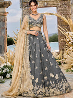grey tissue fabric beads and sequins embroidered ready to wear lehenga choli