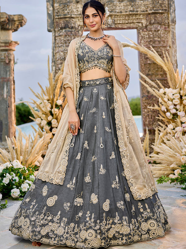 Grey Designer Tissue Bridal Lehenga Choli