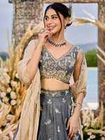 grey tissue embroidered bridal lehenga choli for women