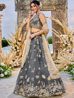 grey wedding lehenga with beads and sequins embroidery