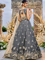 elegant grey tissue fabric lehenga with embroidered dupatta