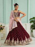 maroon organza fabric sequins embroidered semi stitched lehenga choli