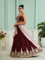 maroon organza wedding lehenga with unstitched blouse and dupatta