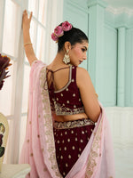 elegant maroon organza lehenga with designer dupatta