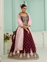 maroon bridal lehenga with sequins embroidery and organza fabric