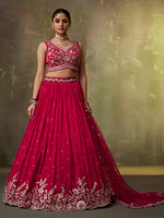 pink georgette bridal outfit with thread embroidery