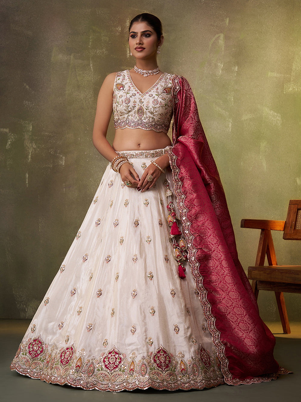 red bridal tissue silk lehenga for engagement and reception