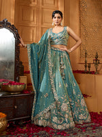 teal premium tissue wedding lehenga with embroidered choli