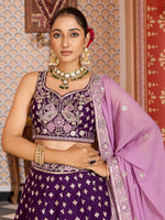 purple tissue silk bridal lehenga for reception wear