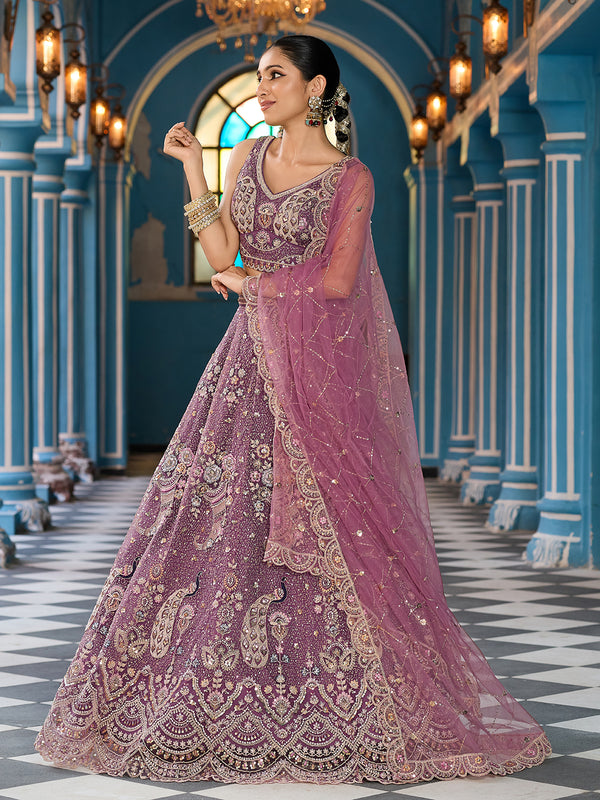 Lavender Bridal Net Lehenga Choli – Heavy Embroidered Wedding Wear