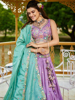 lavender party wear satin lehenga with embroidered dupatta