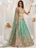 elegant limegreen organza lehenga choli with patch work