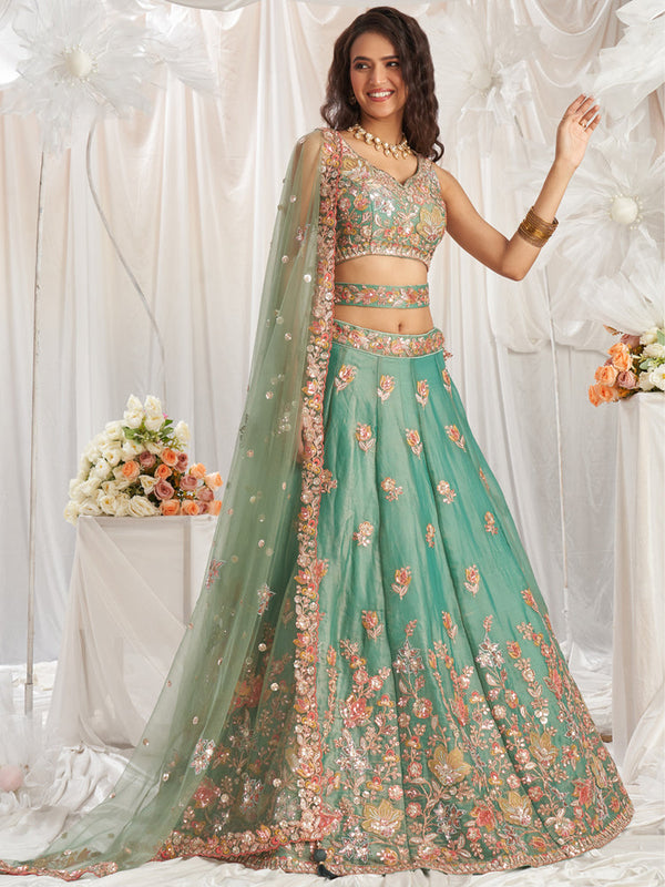Lime Green Organza Bridal Lehenga Choli