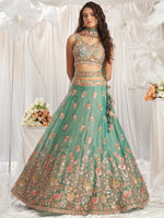 elegant limegreen organza lehenga choli with patch work